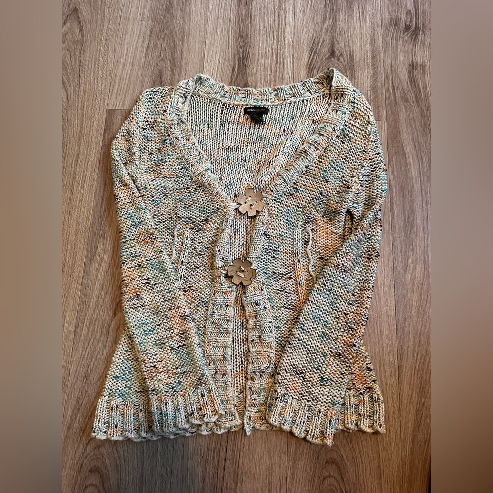 MS&Co BCBG Maxazria Green Multi Color Flower Button Women's Knit Sweater small
